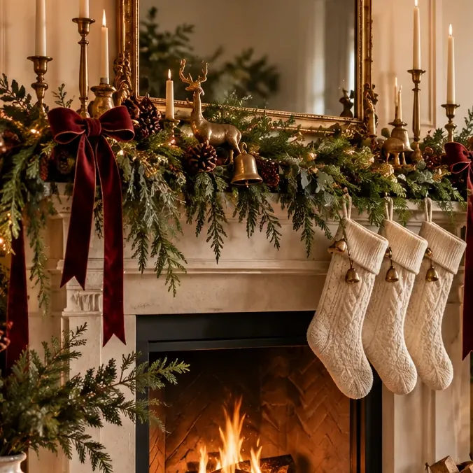 Evergreen garland and classic candlelight