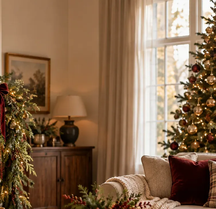 Christmas tree and holiday mantel setting