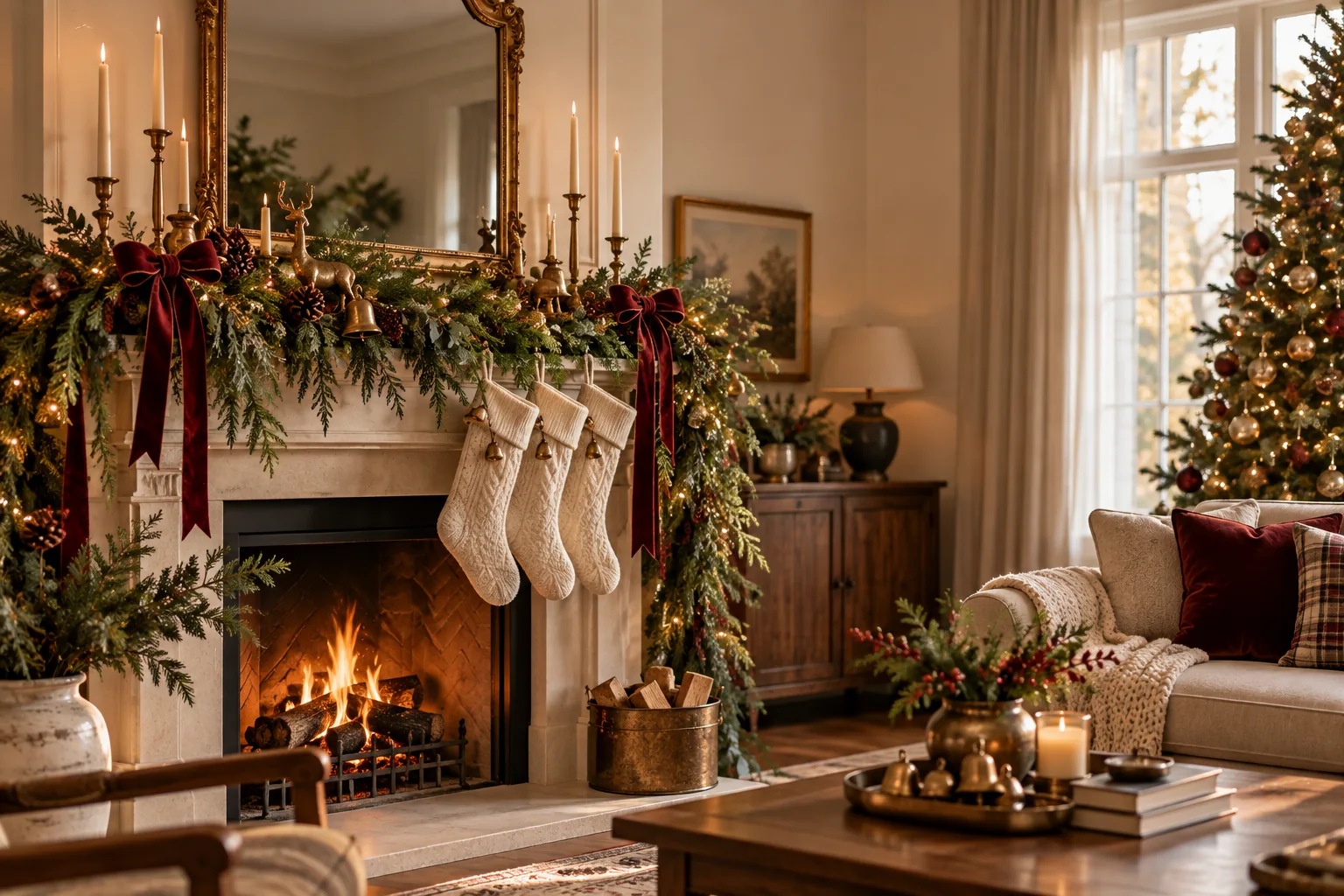 Vintage Christmas mantel with evergreen garlands, brass candlesticks, burgundy ribbons and stockings
