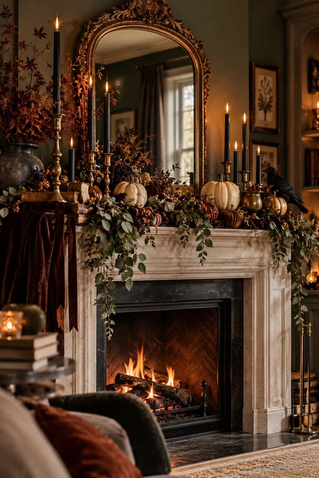 Vintage Halloween fireplace mantel styled with dark candles, autumn accents and antique-inspired brass