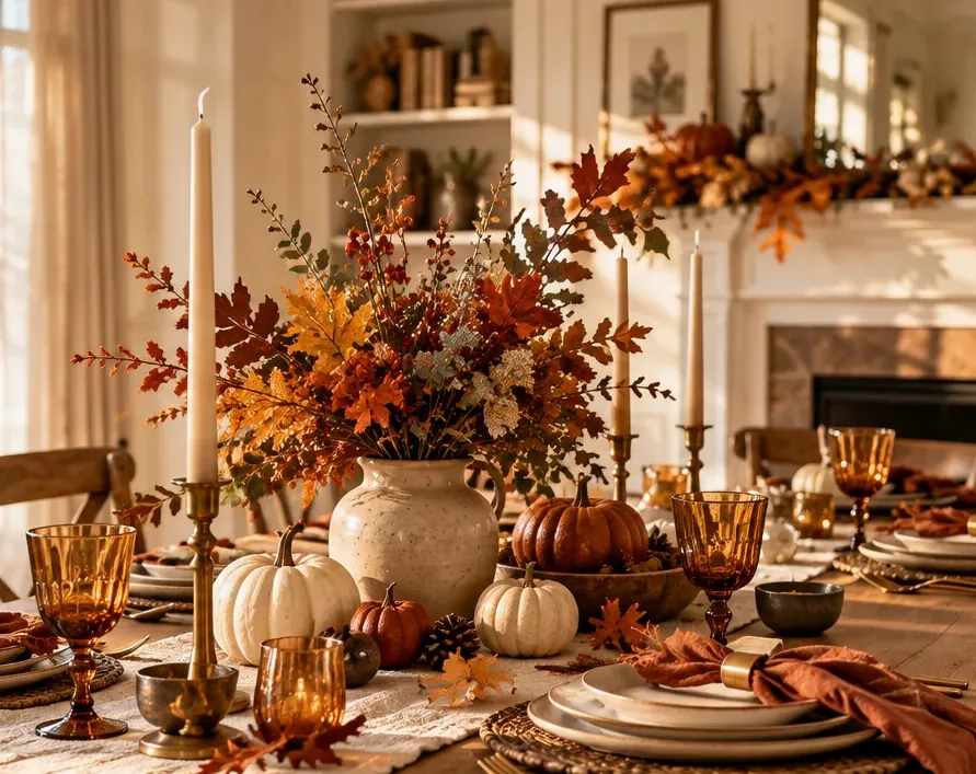 Autumn centerpiece with low pumpkins