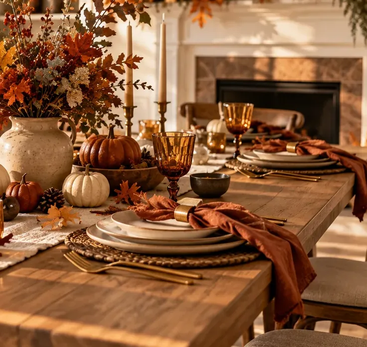 Amber drinkware and warm linens